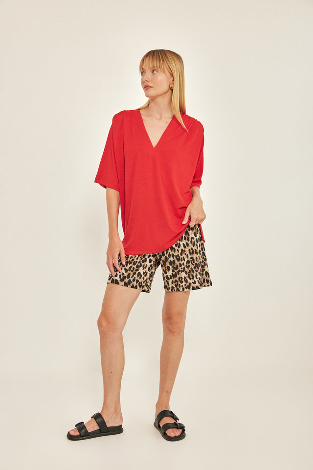 חולצת וי כיווצים ריב ספיריט אדומה