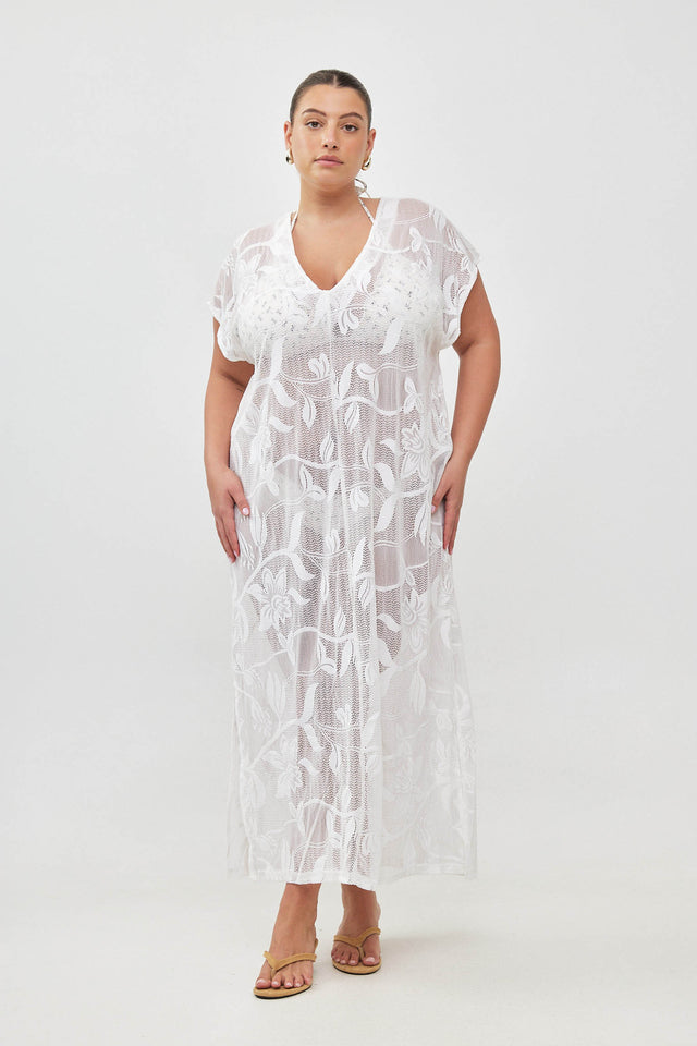 שמלת גלביה תחרה רשת מפתח וי פרחים שמנת