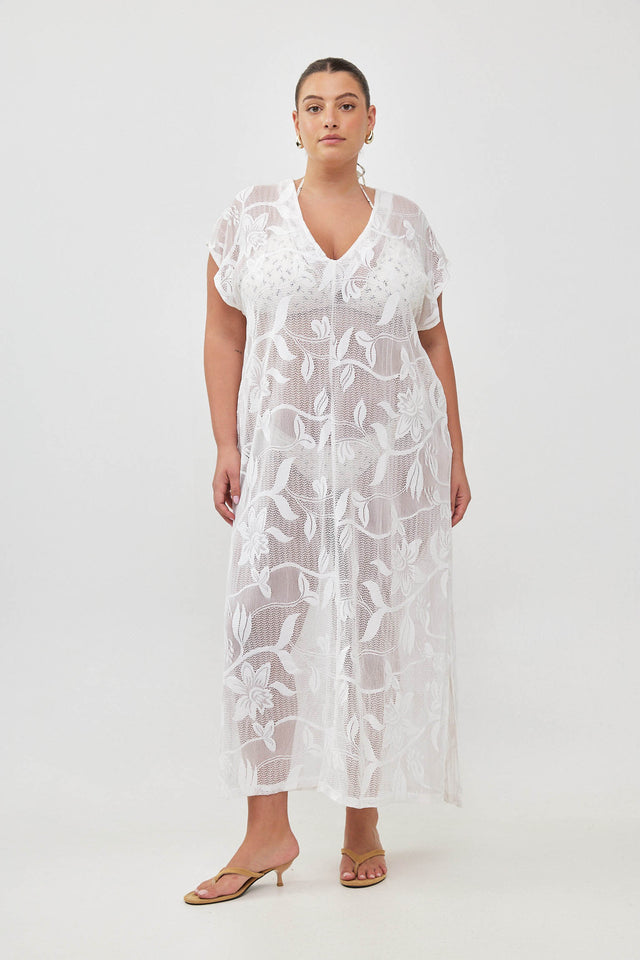 שמלת גלביה תחרה רשת מפתח וי פרחים שמנת