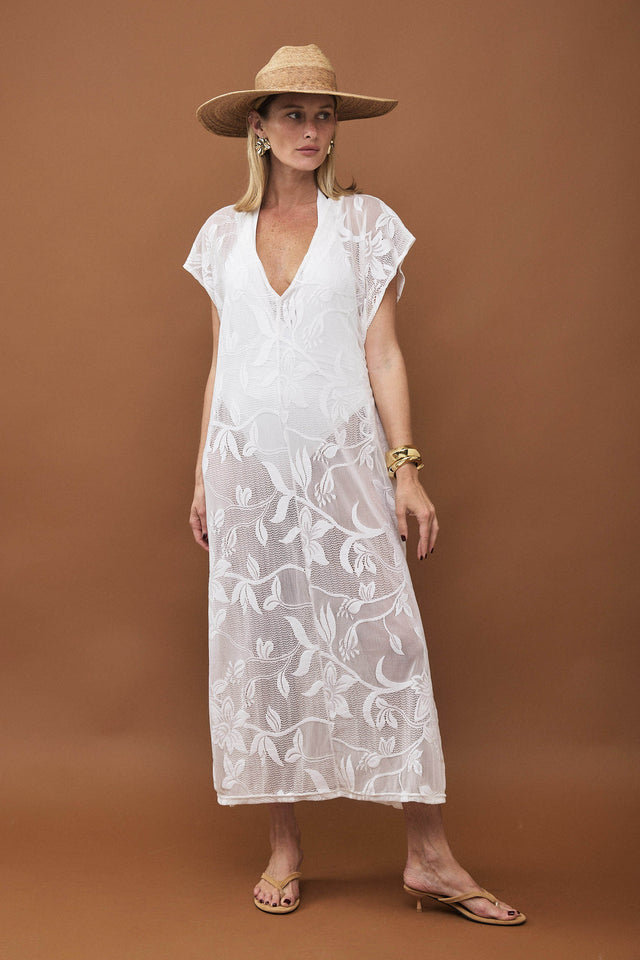 שמלת גלביה תחרה רשת מפתח וי פרחים שמנת