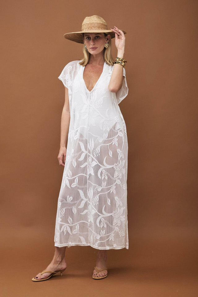 שמלת גלביה תחרה רשת מפתח וי פרחים שמנת