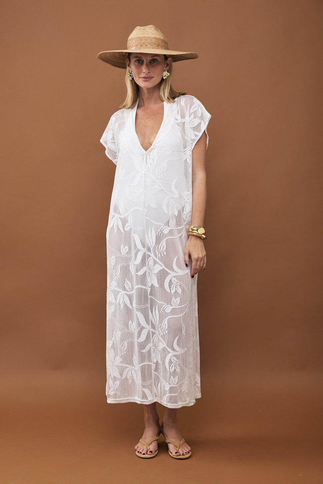 שמלת גלביה תחרה רשת מפתח וי פרחים שמנת