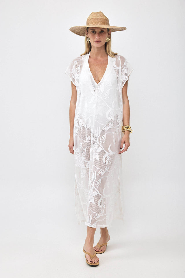 שמלת גלביה תחרה רשת מפתח וי פרחים שמנת