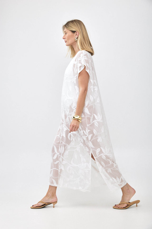 שמלת גלביה תחרה רשת מפתח וי פרחים שמנת