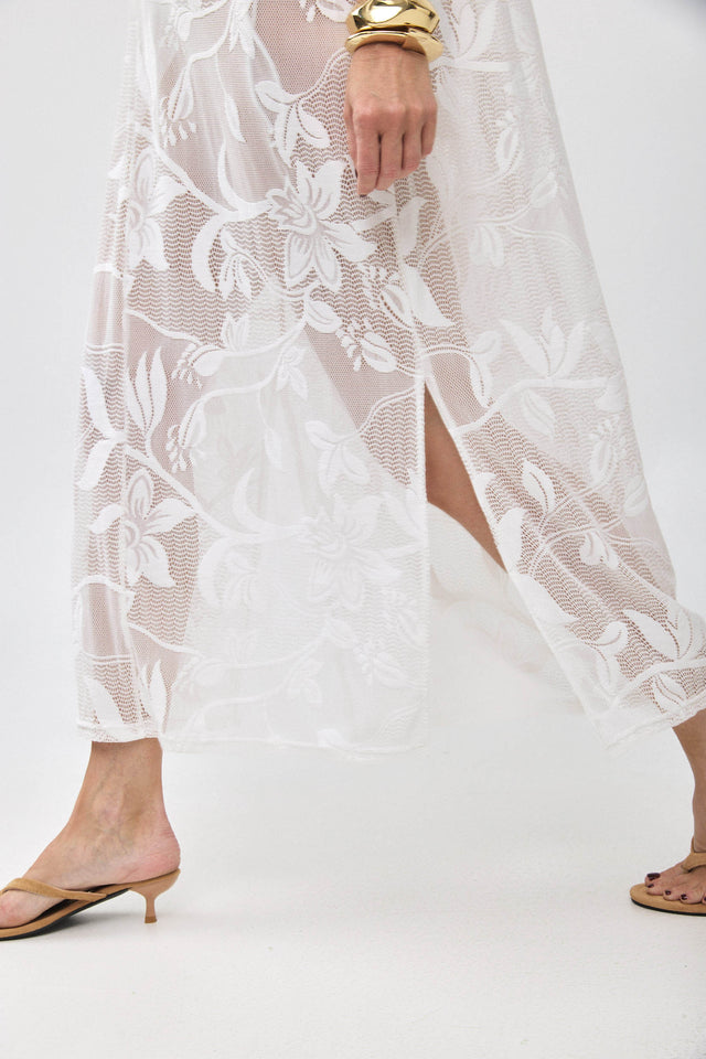 שמלת גלביה תחרה רשת מפתח וי פרחים שמנת