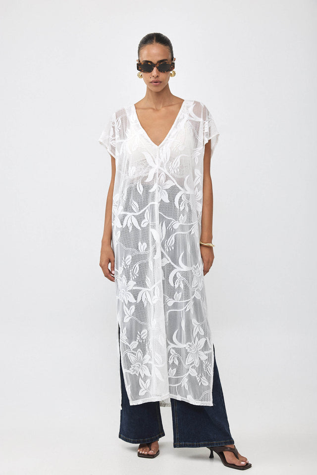 שמלת גלביה תחרה רשת מפתח וי פרחים שמנת