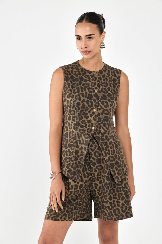 וסט בייקרי מפתח אסימטרי דו צדדי מנומר חום