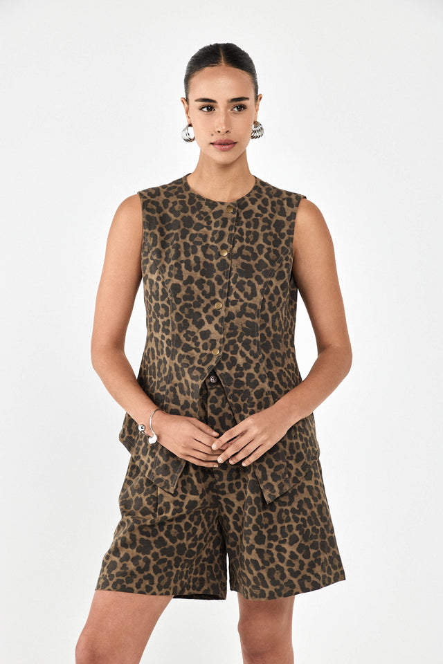 וסט בייקרי מפתח אסימטרי דו צדדי מנומר חום