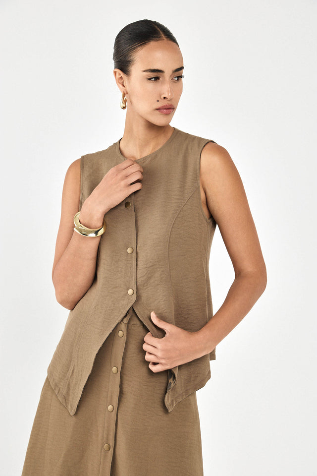 וסט בייקרי מפתח אסימטרי דו צדדי מנומר חום