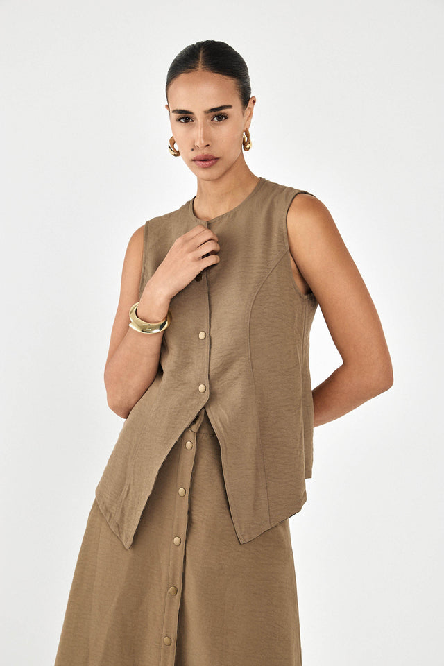 וסט בייקרי מפתח אסימטרי דו צדדי מנומר חום