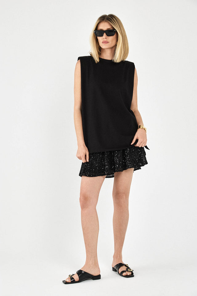 חולצת קנדי ללא שרוולים כריות כתפיים שחורה