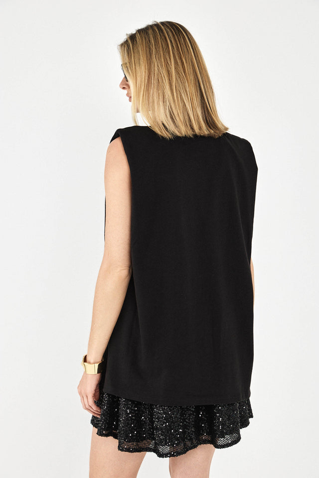 חולצת קנדי ללא שרוולים כריות כתפיים שחורה