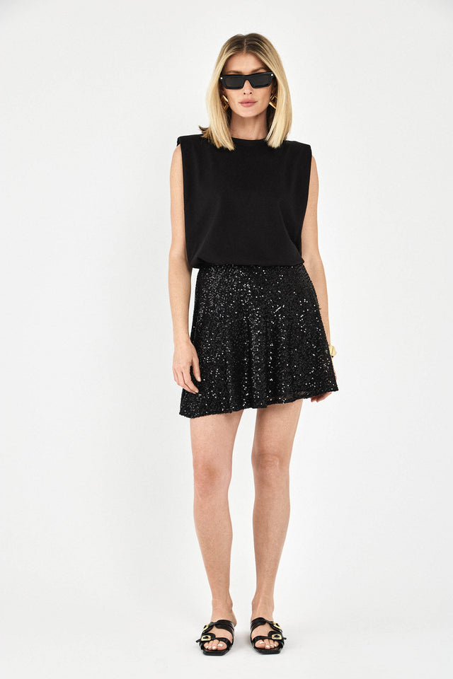 חולצת קנדי ללא שרוולים כריות כתפיים שחורה