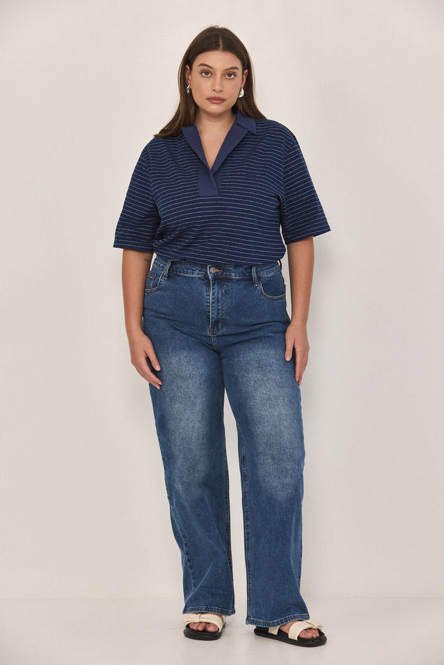 חולצת פולו סטייטמנט פסים נייבי לבן