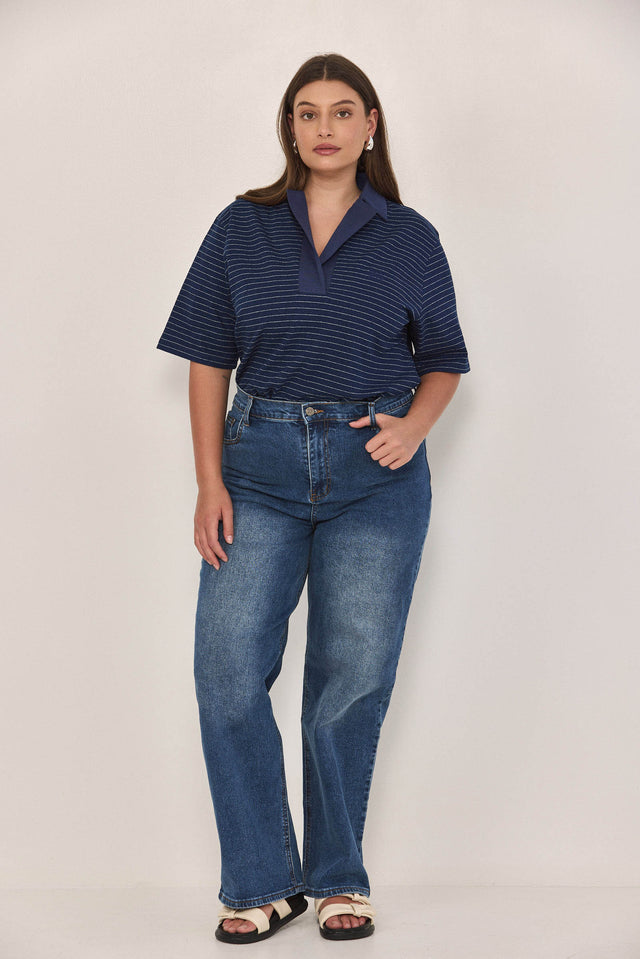 חולצת פולו סטייטמנט פסים נייבי לבן