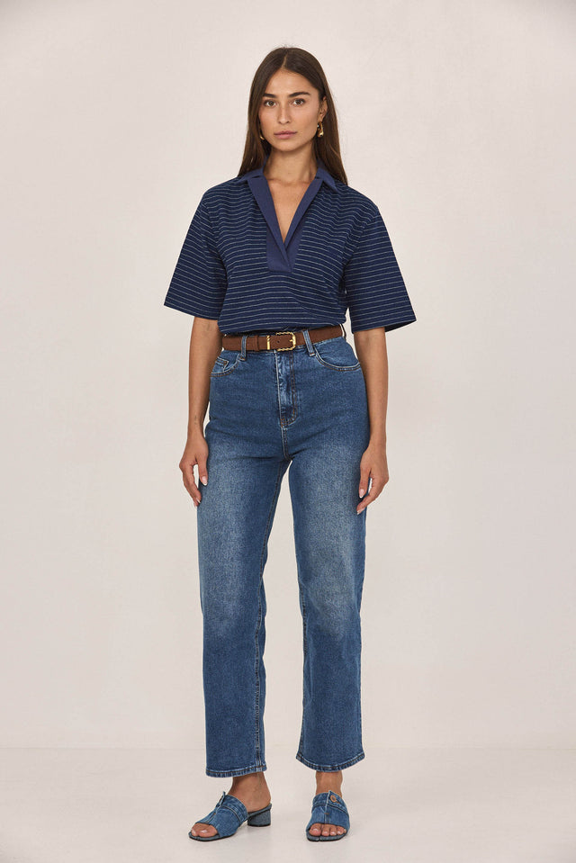 חולצת פולו סטייטמנט פסים נייבי לבן