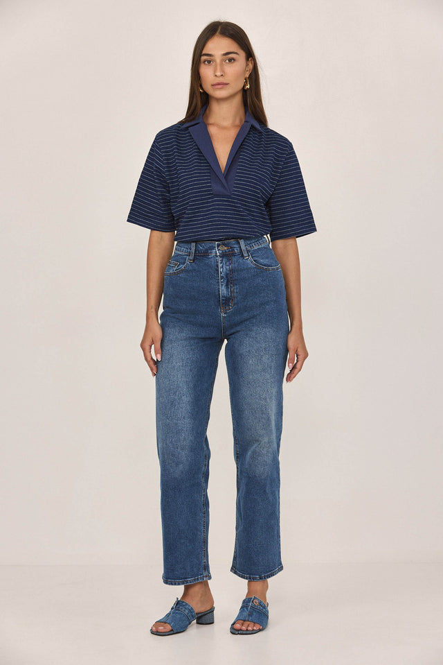 חולצת פולו סטייטמנט פסים נייבי לבן