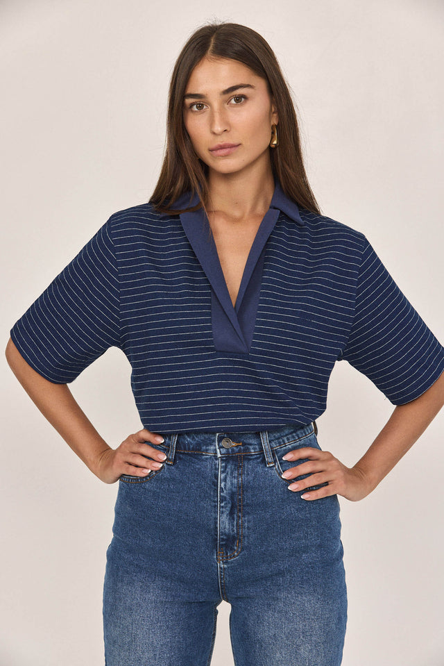 חולצת פולו סטייטמנט פסים נייבי לבן