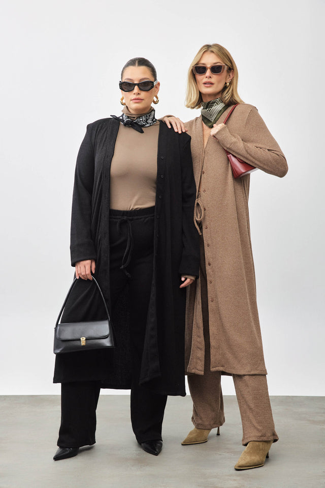 קרדיגן שמלה באנופי סריג מקסי כפתורים כריות נשלפות קאמל חום