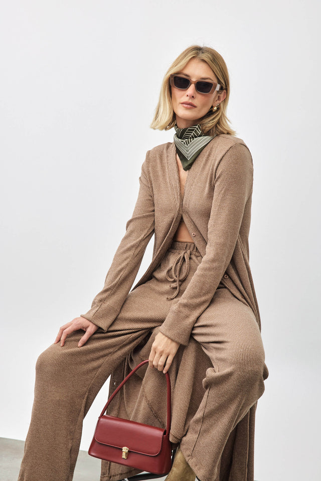 קרדיגן שמלה באנופי סריג מקסי כפתורים כריות נשלפות קאמל חום