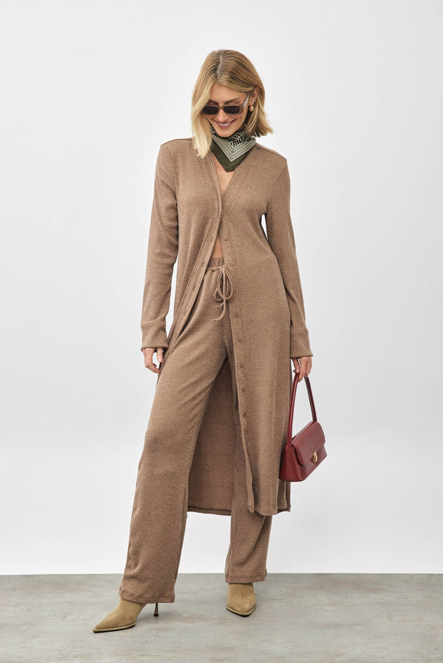 קרדיגן שמלה באנופי סריג מקסי כפתורים כריות נשלפות קאמל חום