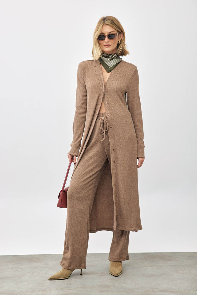 קרדיגן שמלה באנופי סריג מקסי כפתורים כריות נשלפות קאמל חום