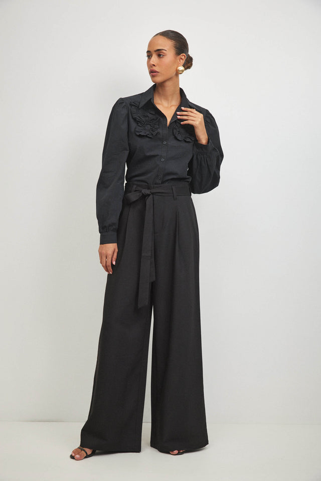 מכנסיים מחוייטים חגורת קשירה שחורים