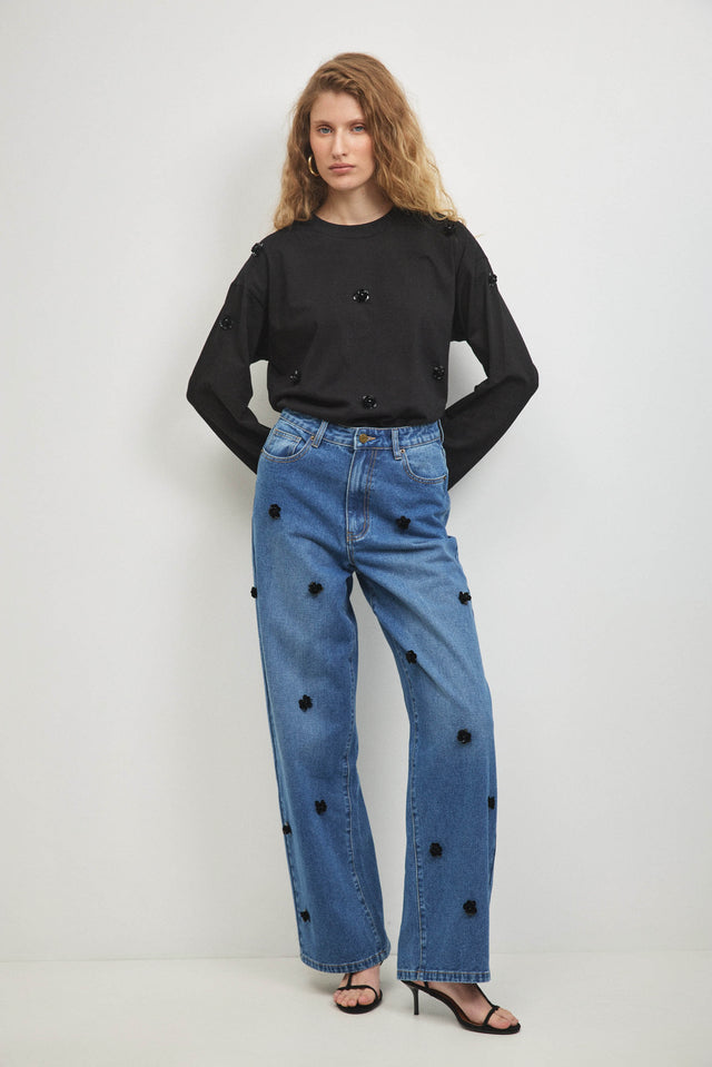 מכנסי ג'ינס פלוראל וואש כחול