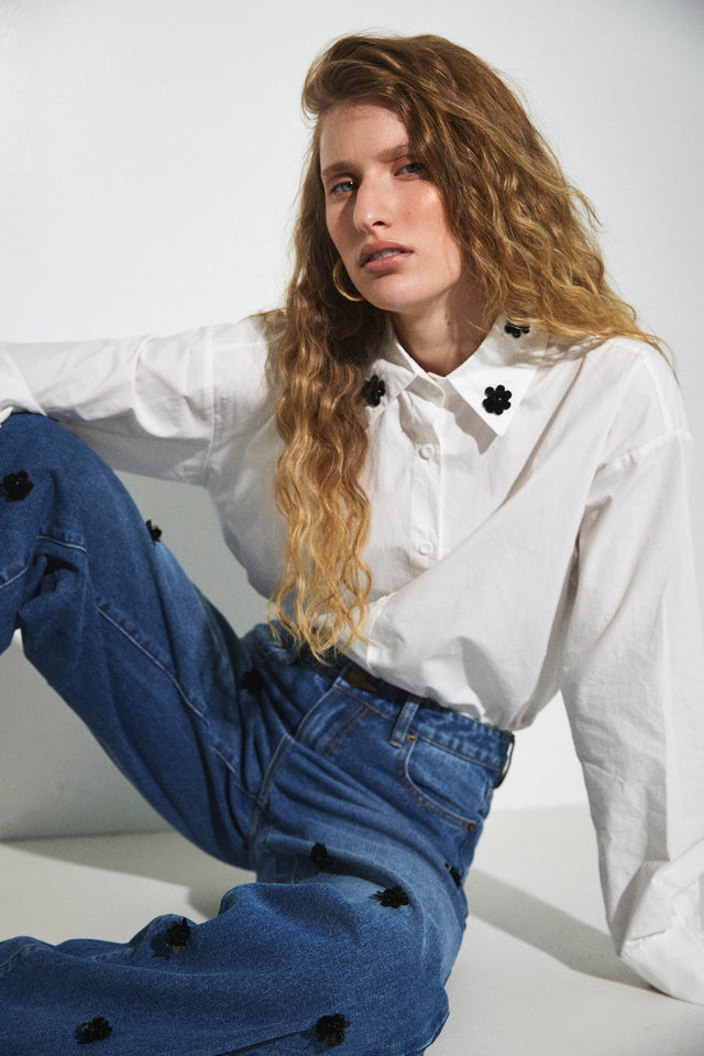 מכנסי ג'ינס פלוראל וואש כחול