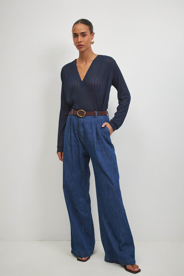 חולצת וי כיווצים ארוכה נייבי