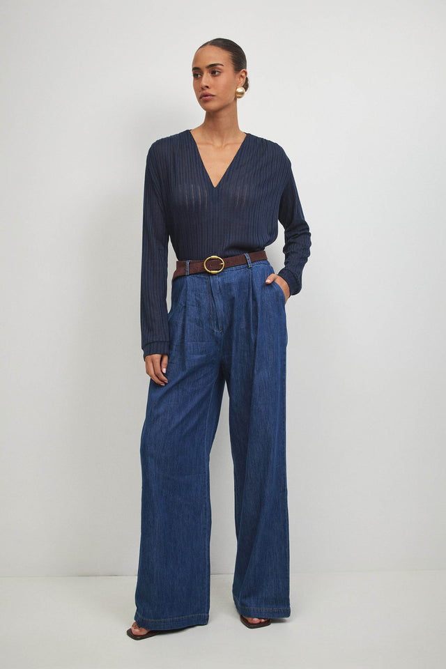 חולצת וי כיווצים ארוכה נייבי