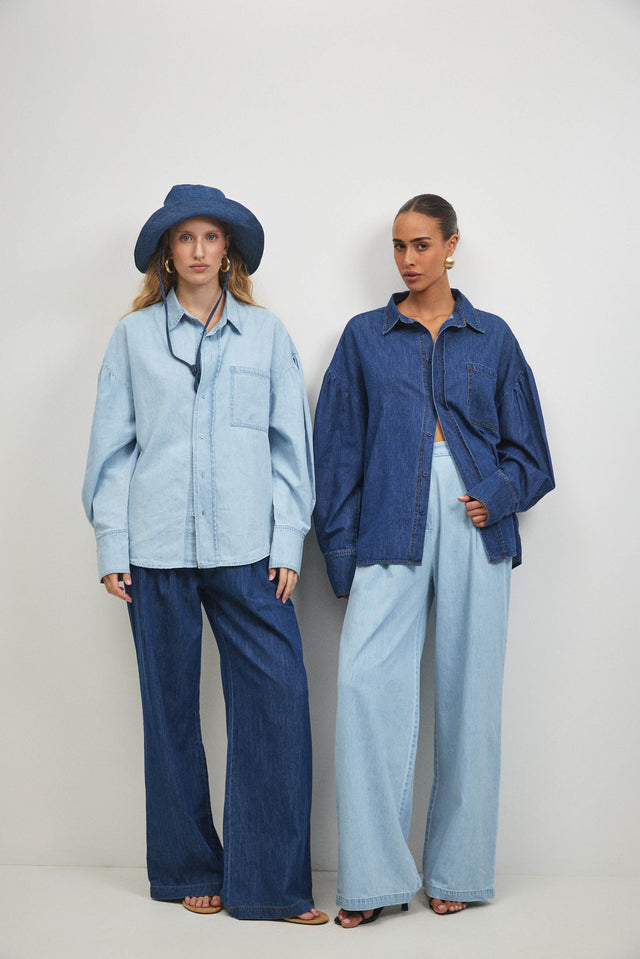 חולצת ג׳ינס פרפקט מכופתרת שרוולים תפוחים כחול כהה