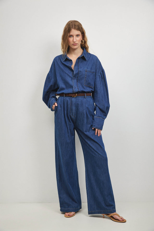 חולצת ג׳ינס פרפקט מכופתרת שרוולים תפוחים כחול כהה