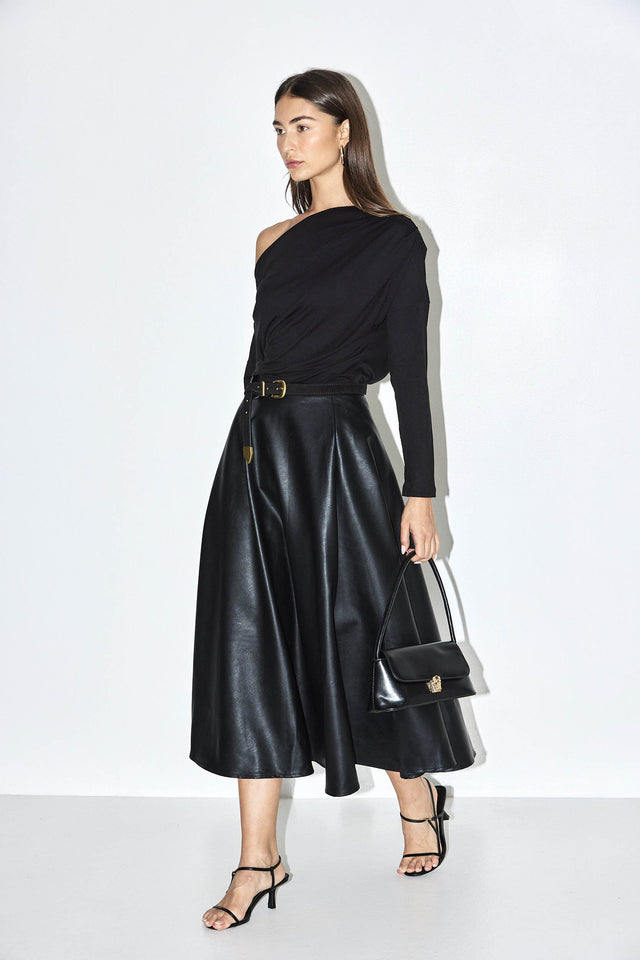 חצאית רוקפור דמוי עור בגזרת A שחורה