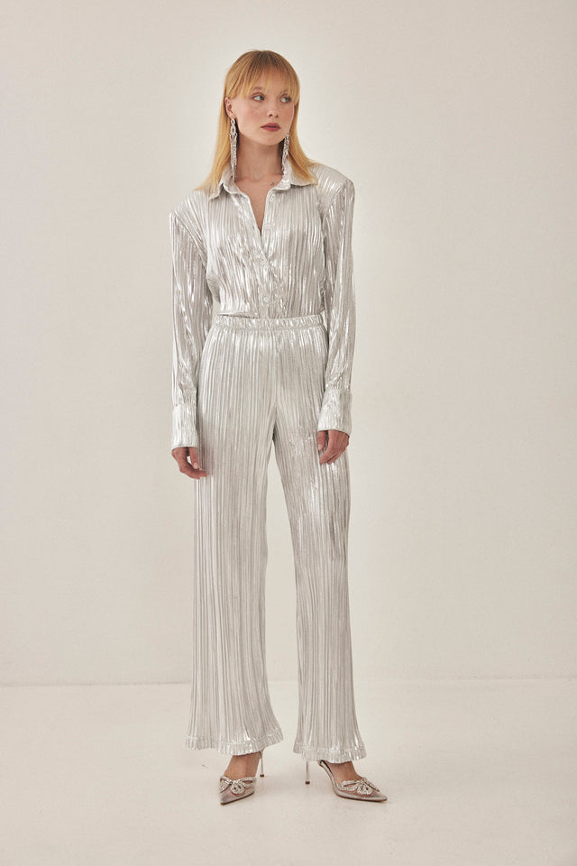 מכנסי ספיריט מתרחבים פליסה LIGHT לבן כסוף