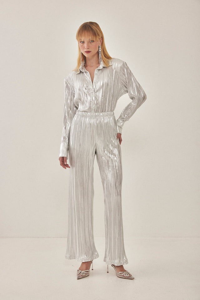 מכנסי ספיריט מתרחבים פליסה LIGHT לבן כסוף