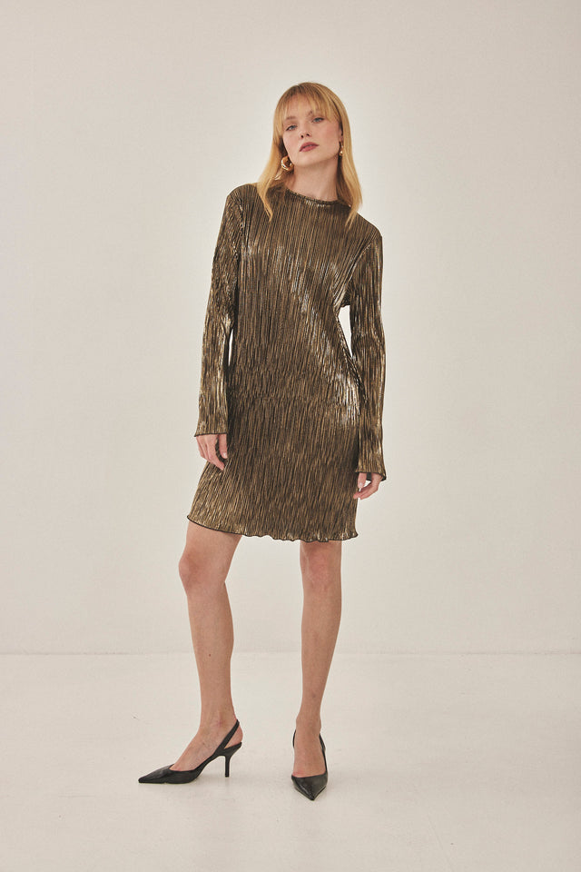 שמלת מיני פליסה שרוולי פעמון LIGHT שחור זהב