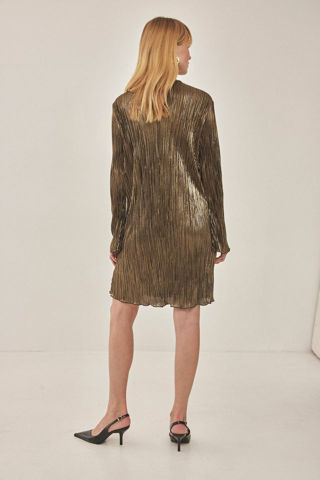 שמלת מיני פליסה שרוולי פעמון LIGHT שחור זהב