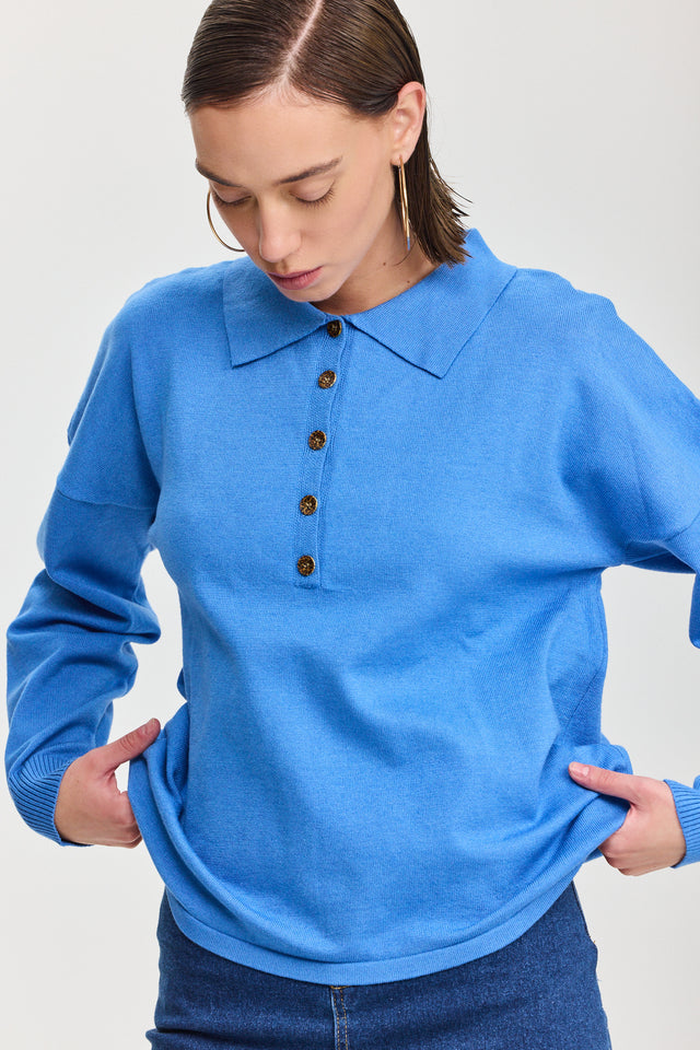 חולצת סריג אפוגאטו פולו ארוכה כחולה