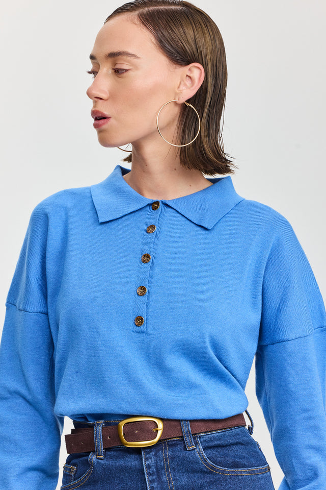 חולצת סריג אפוגאטו פולו ארוכה כחולה