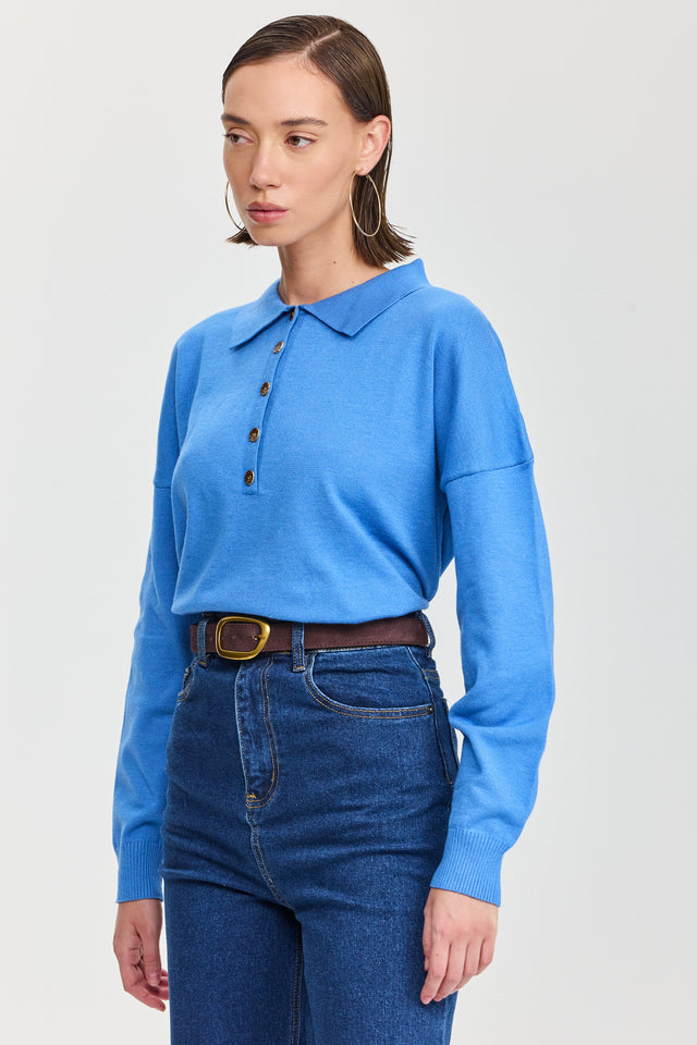 חולצת סריג אפוגאטו פולו ארוכה כחולה