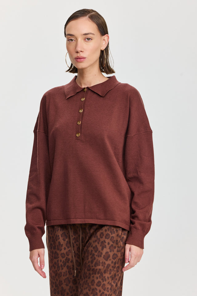 חולצת סריג אפוגאטו פולו ארוכה חומה