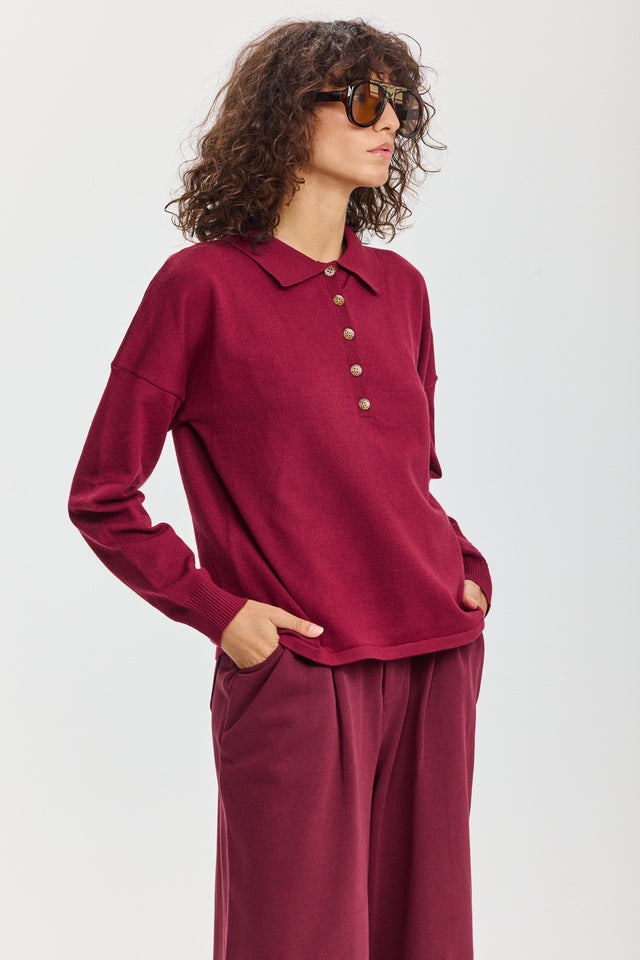 חולצת סריג אפוגאטו פולו ארוכה ברגנדי