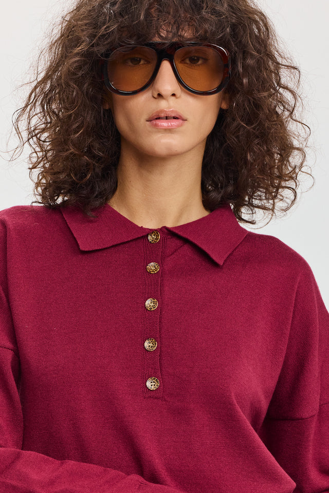 חולצת סריג אפוגאטו פולו ארוכה ברגנדי