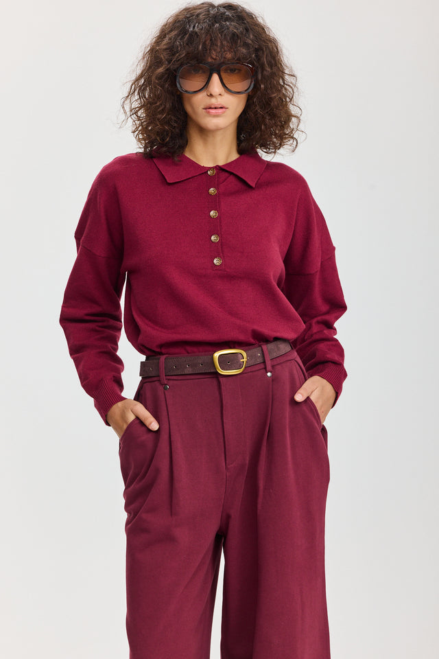 חולצת סריג אפוגאטו פולו ארוכה ברגנדי