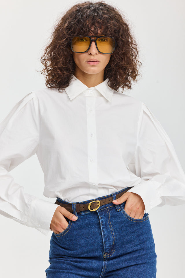 חולצה מכופתרת אלמונד כותנה ארוכה לבנה