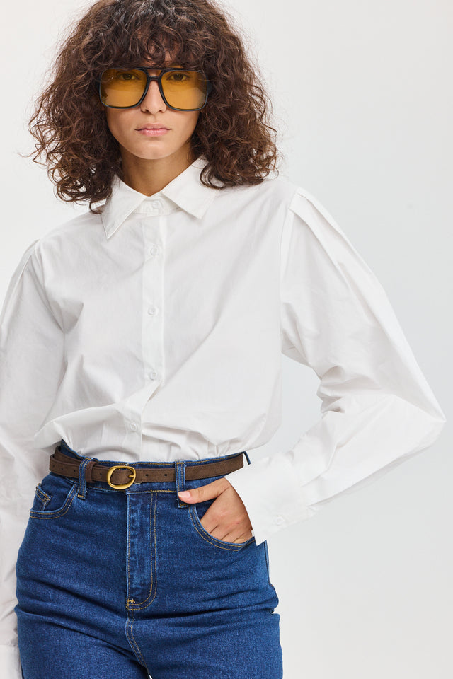 חולצה מכופתרת אלמונד כותנה ארוכה לבנה