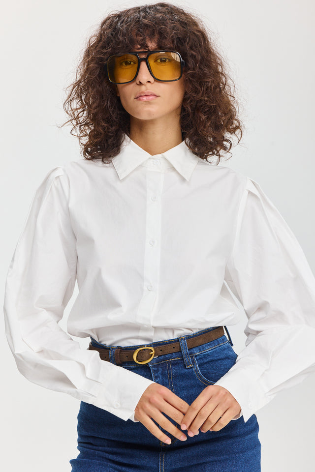 חולצה מכופתרת אלמונד כותנה ארוכה לבנה