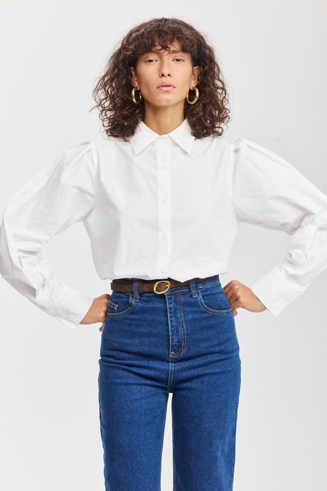 חולצה מכופתרת אלמונד כותנה ארוכה לבנה