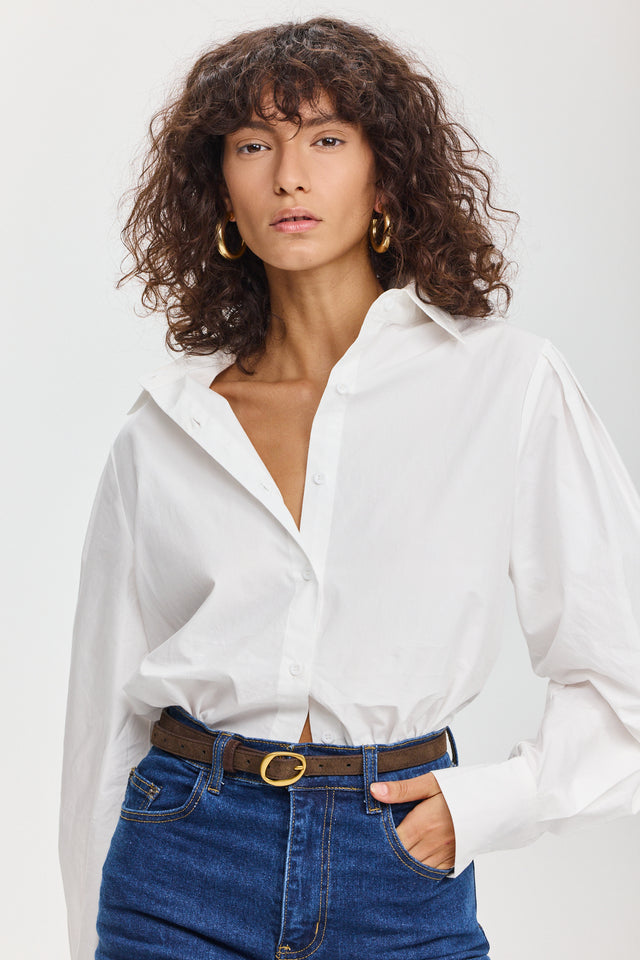 חולצה מכופתרת אלמונד כותנה ארוכה לבנה